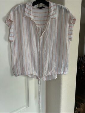Sanctuary White Short-Sleeve Button Top with Peach Stripes